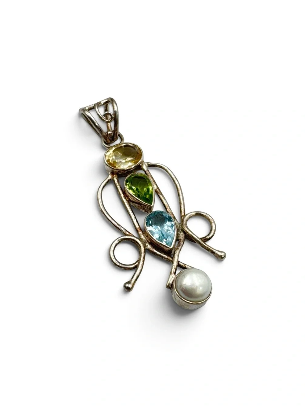 Vintage Y2K Sterling Silver Citrine Peridot Blue Topaz Pearl Pendant 2”